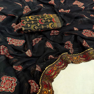 Black Bandhani Printed Georgette Saree for Festive Wear with Lace Detailing