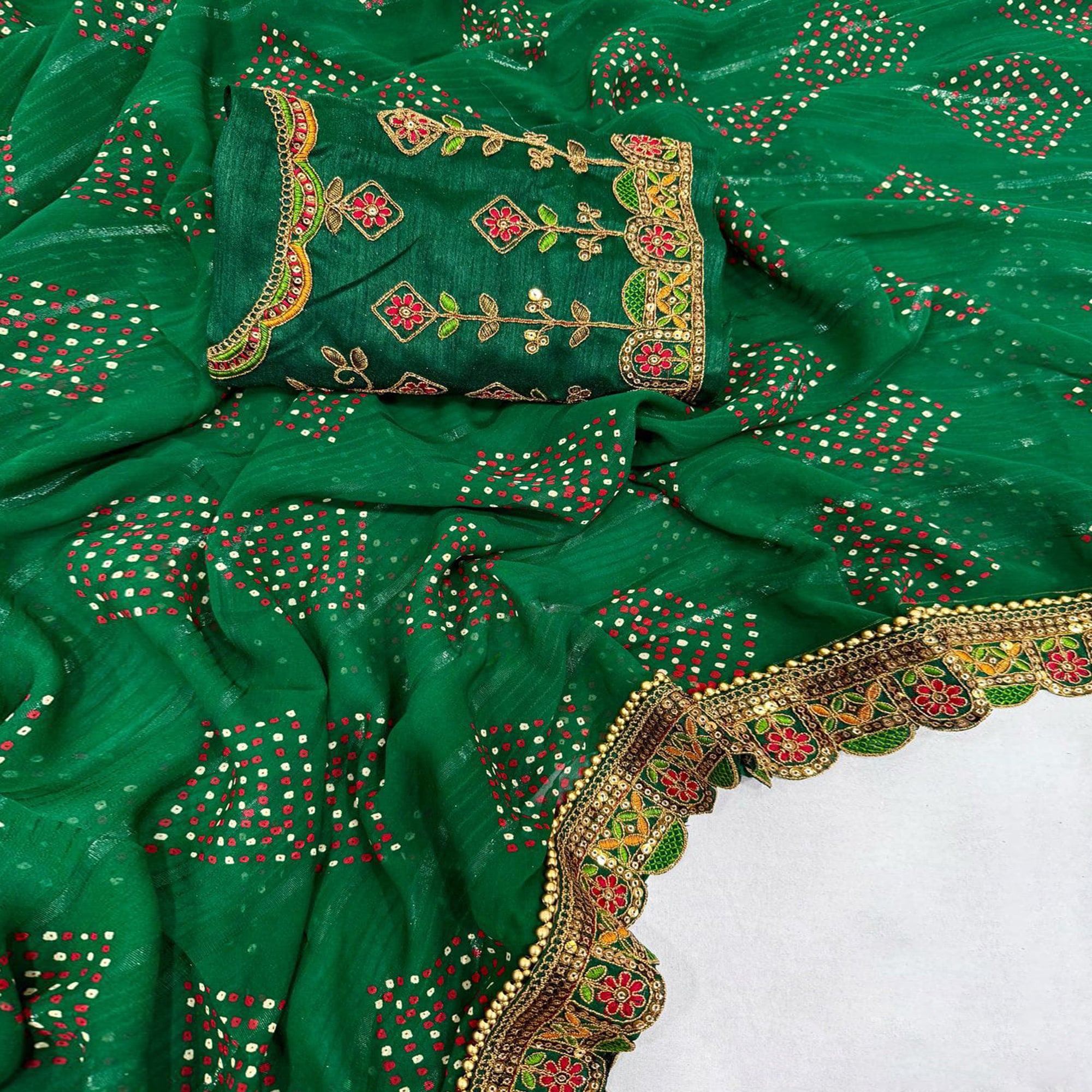 Green Bandhani Printed Georgette Saree for Festive Wear with Lace Detailing