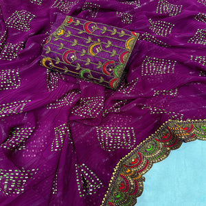 Purple Bandhani Printed Georgette Saree for Festive Wear with Lace Detailing