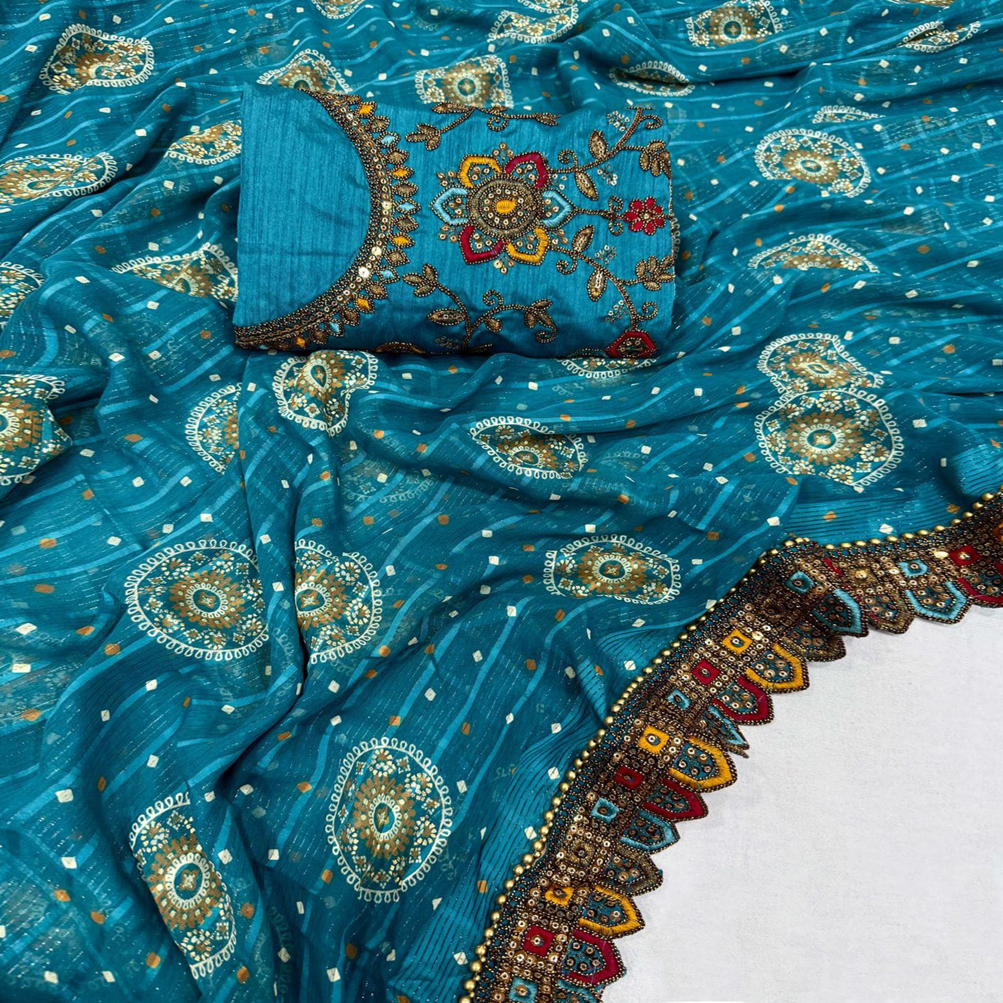 Teal Bandhani Printed Georgette Saree for Festive Wear with Lace Detailing