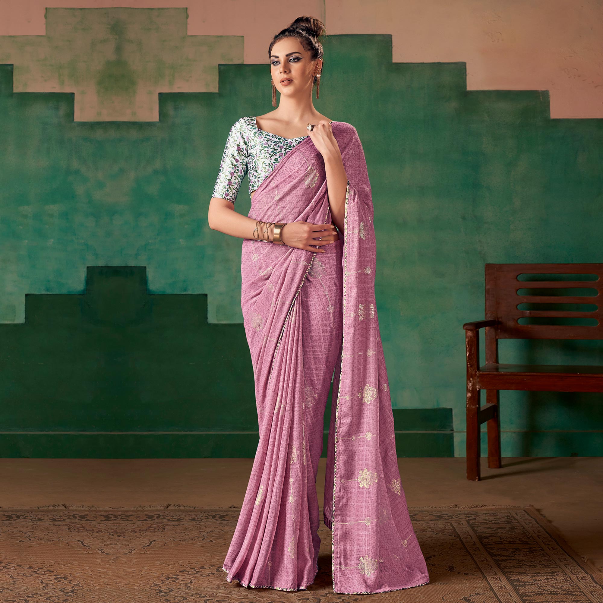 Pink Floral Foil Printed Georgette Saree