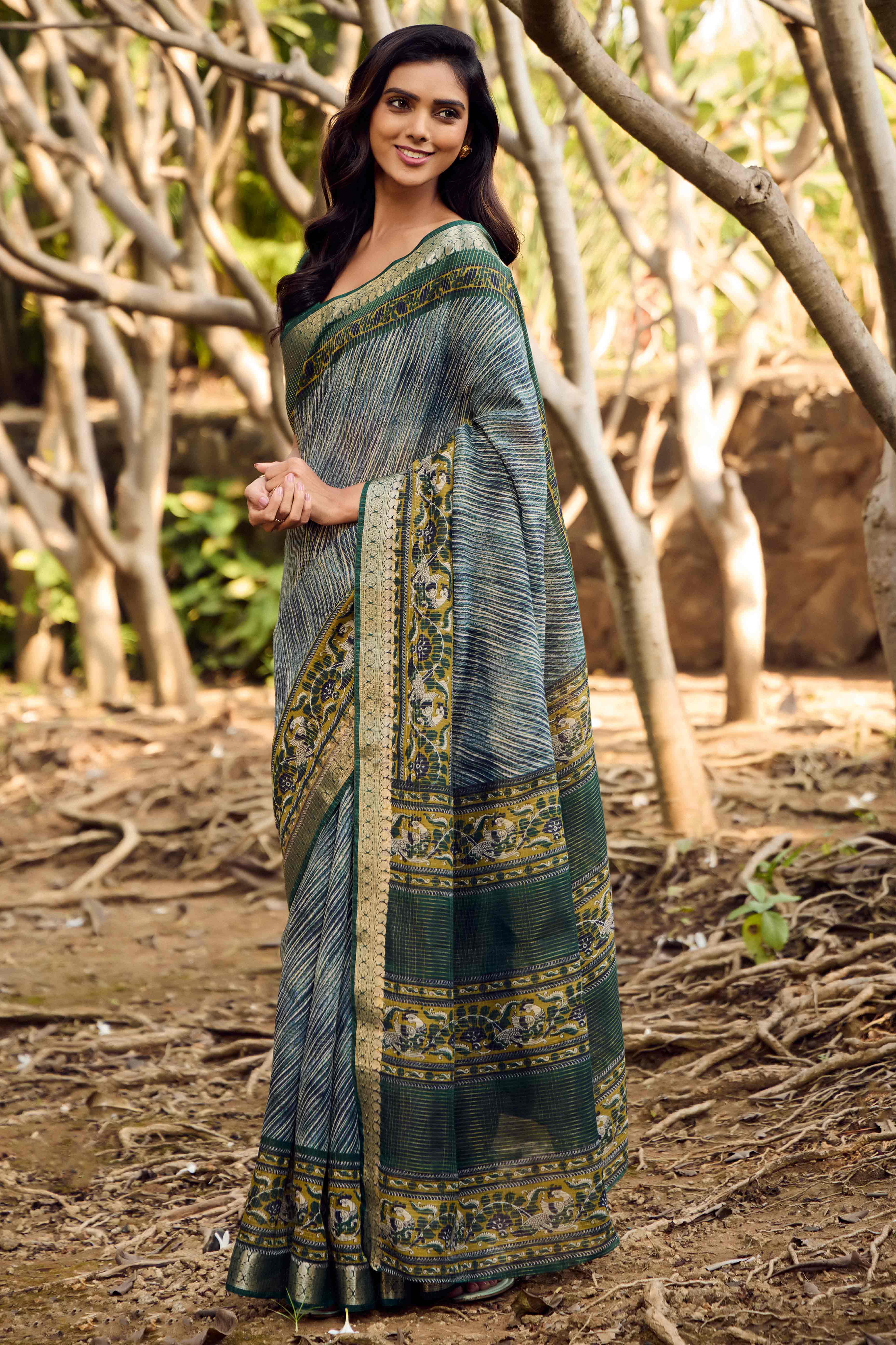 Green Printed Mulmul Cotton Saree With Jacquard Border