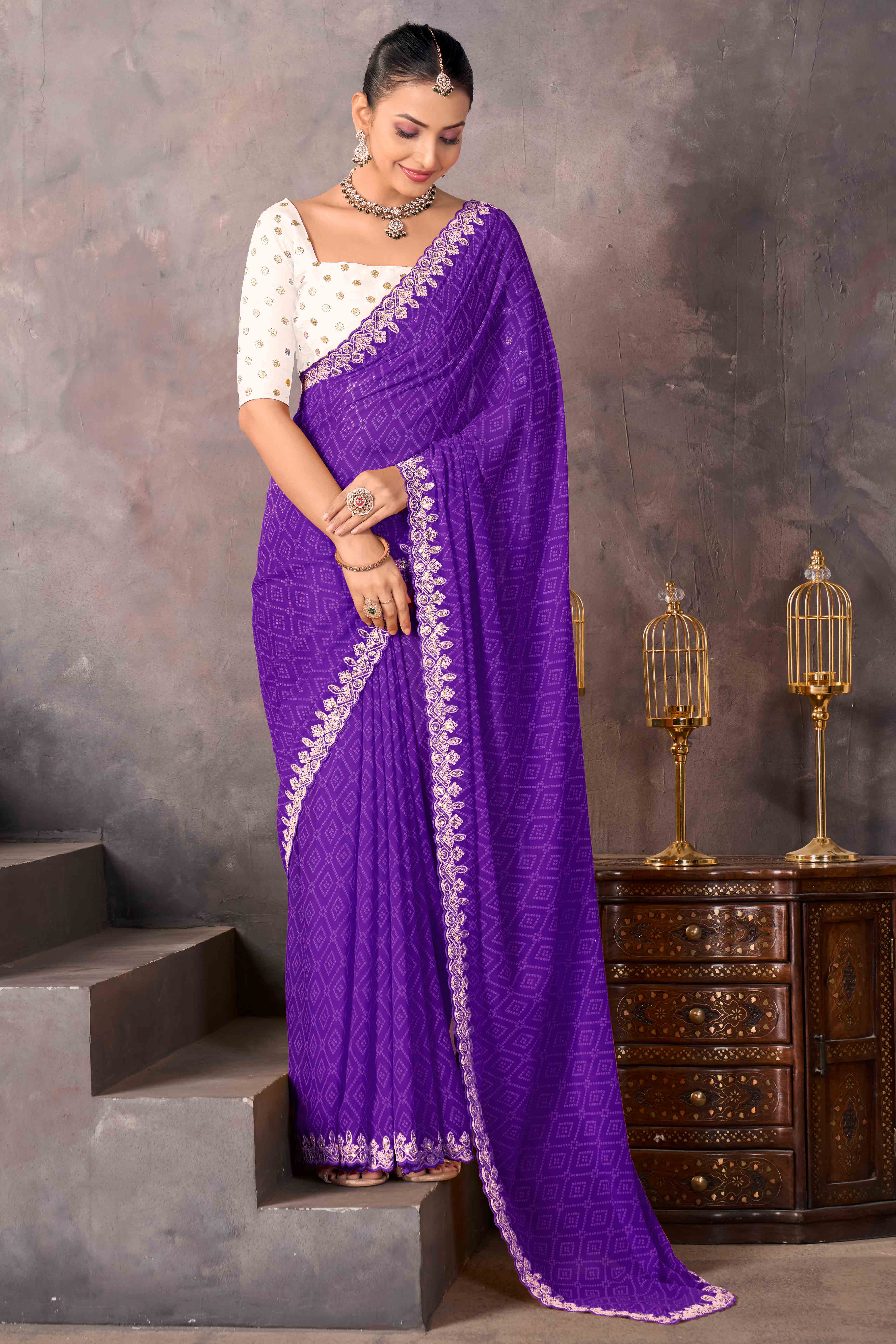 Modern Purple Georgette Saree with Timeless Bandhani Prints