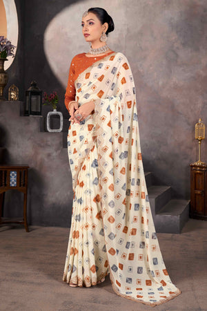 Off White Bandhani Printed Georgette Saree