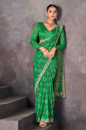 Green Bandhani Printed Georgette Saree