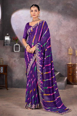 Purple Leheriya Printed Georgette Saree