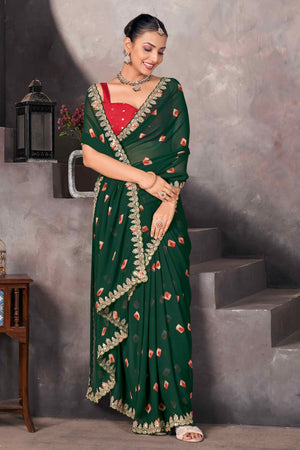 Green Bandhani Printed Georgette Saree