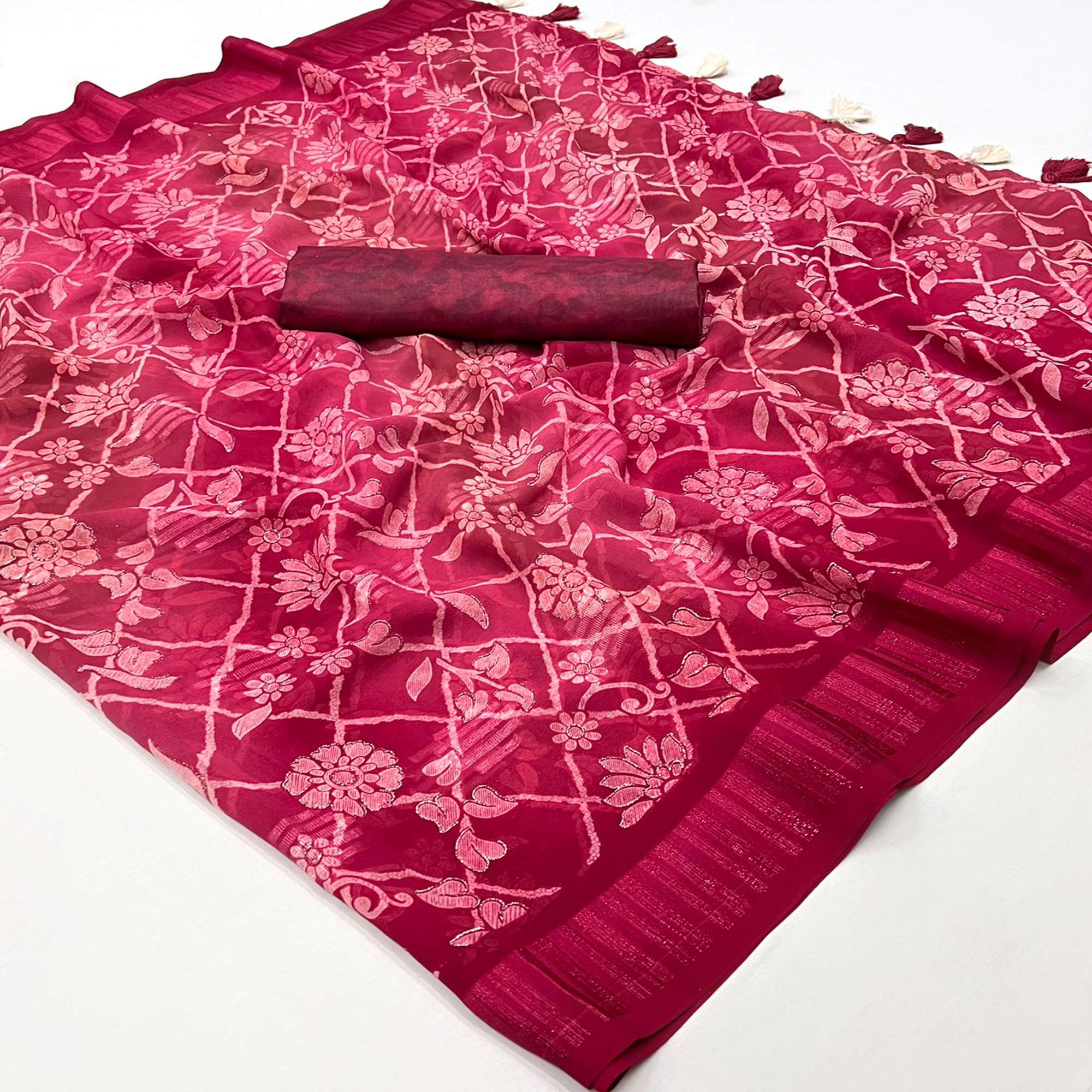 Pink Floral Foil Printed Georgette Saree With Tassels