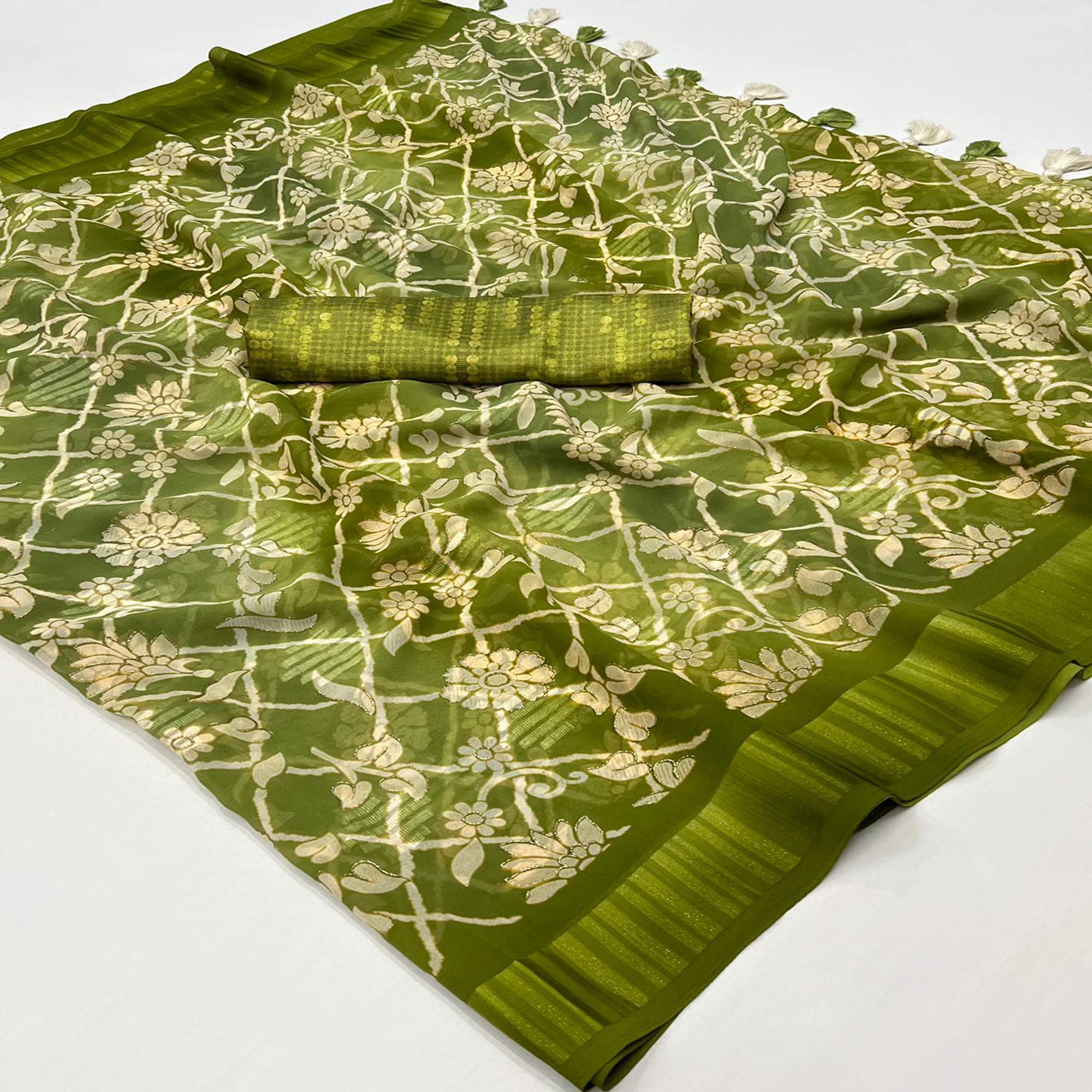 Green Floral Foil Printed Georgette Saree With Tassels
