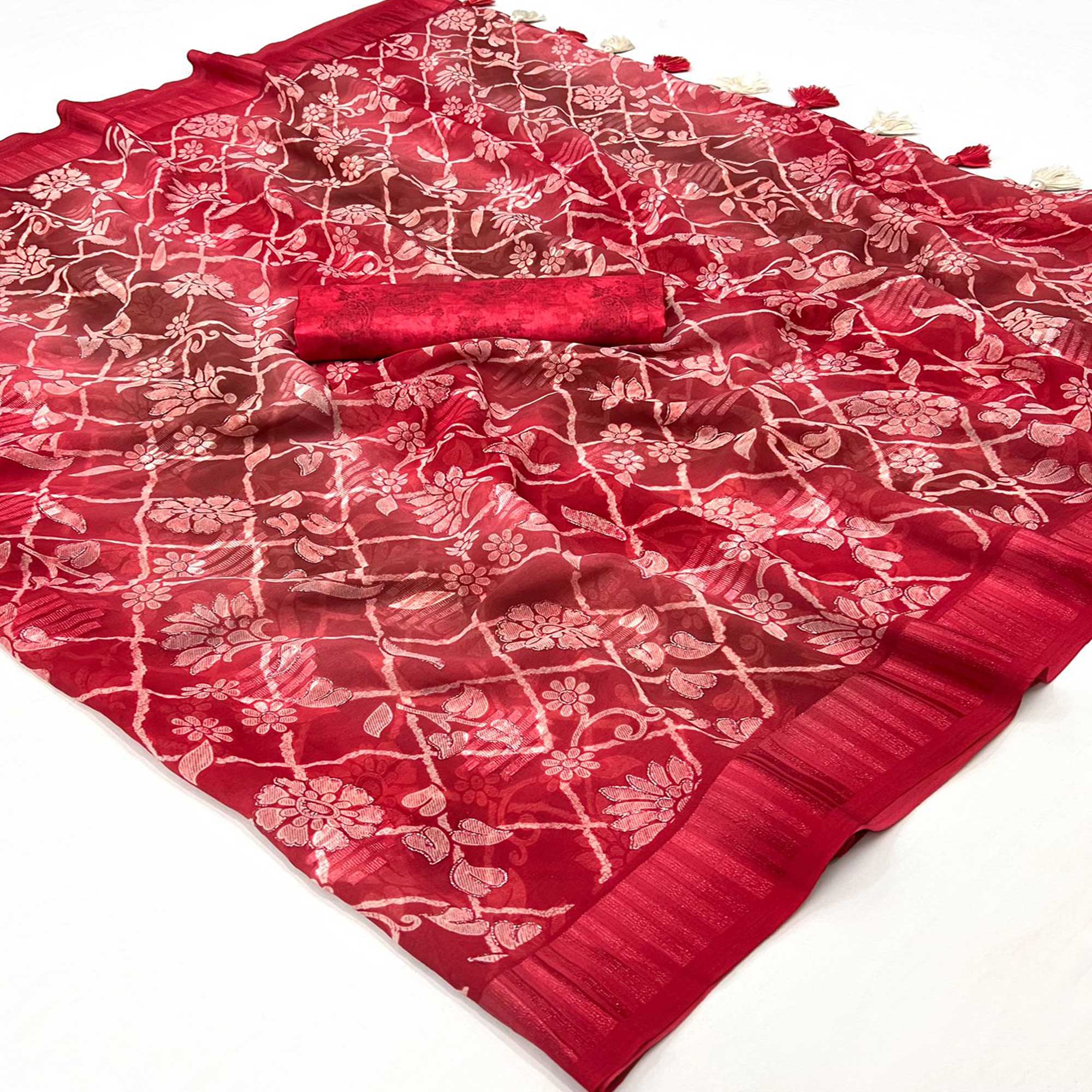 Red Floral Foil Printed Georgette Saree With Tassels