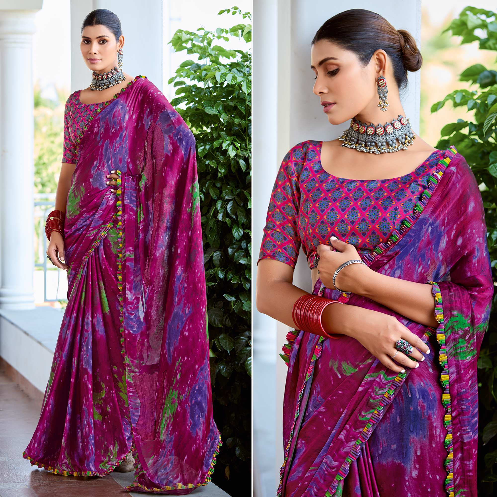 Pink Printed Satin Saree With Frill Border
