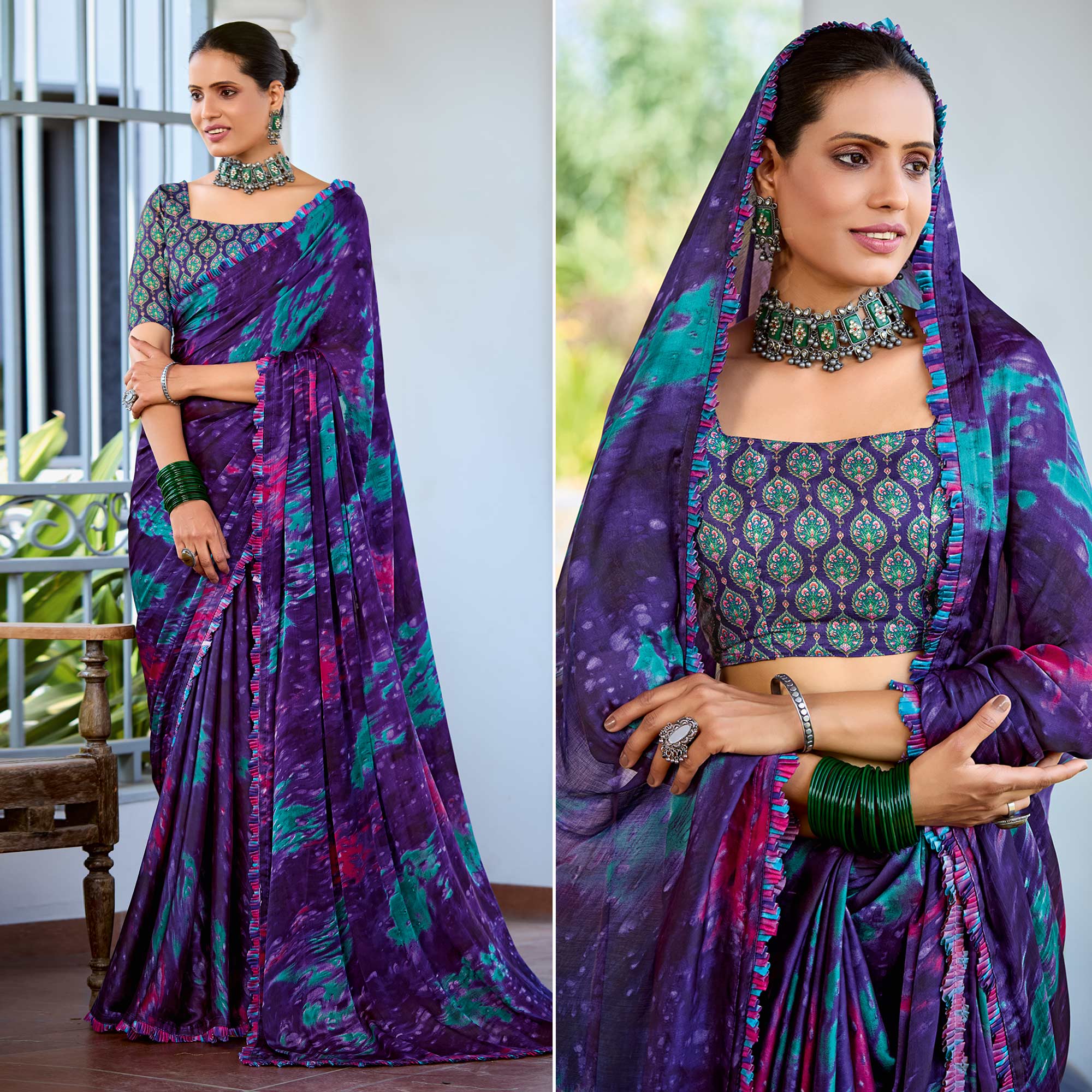 Purple Printed Satin Saree With Frill Border
