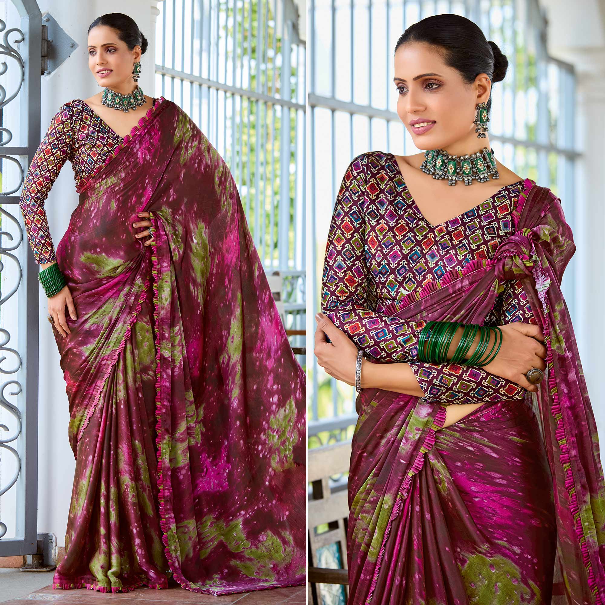 Wine Printed Satin Saree With Frill Border