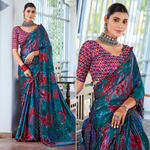 Teal Printed Satin Saree With Frill Border