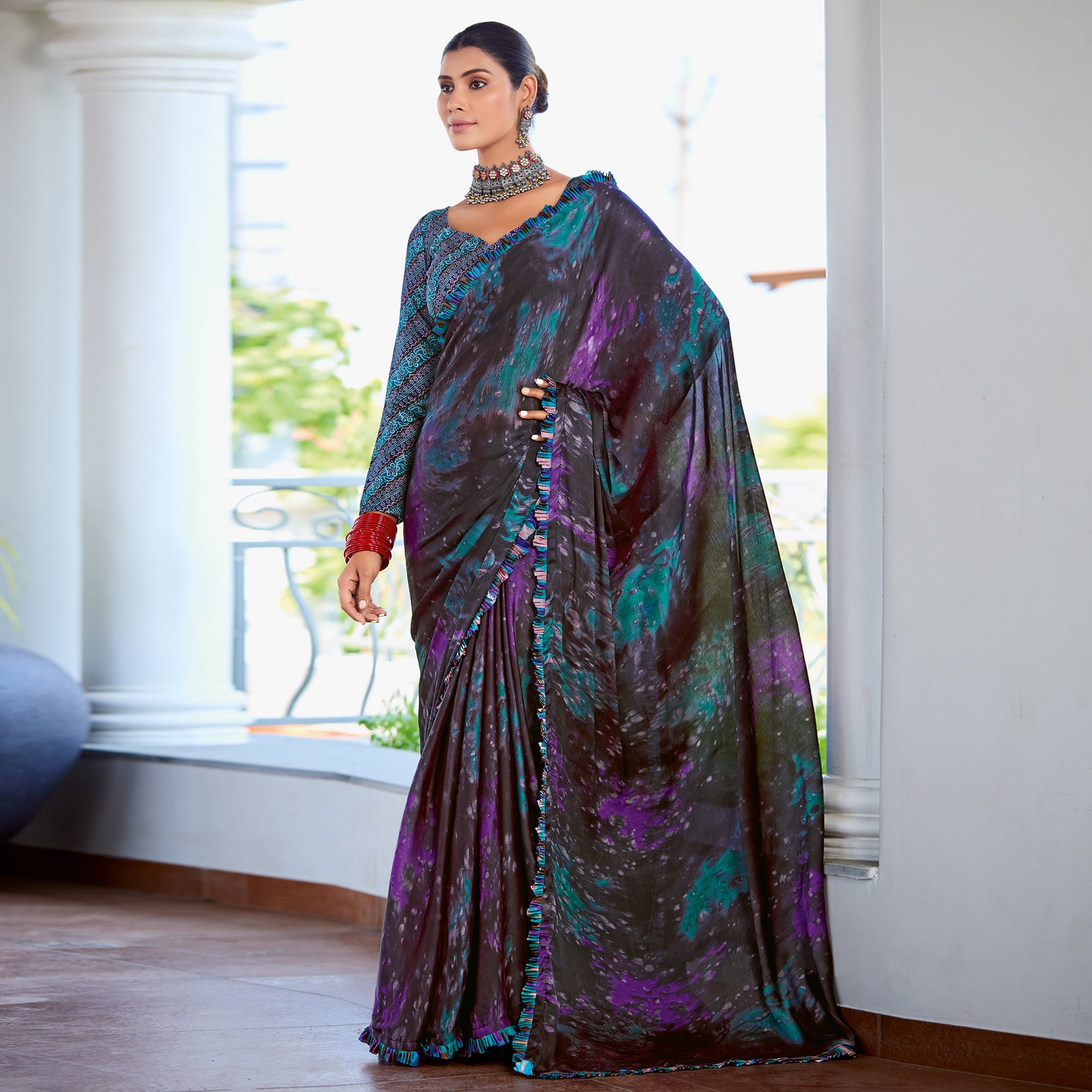 Black Printed Satin Saree With Frill Border