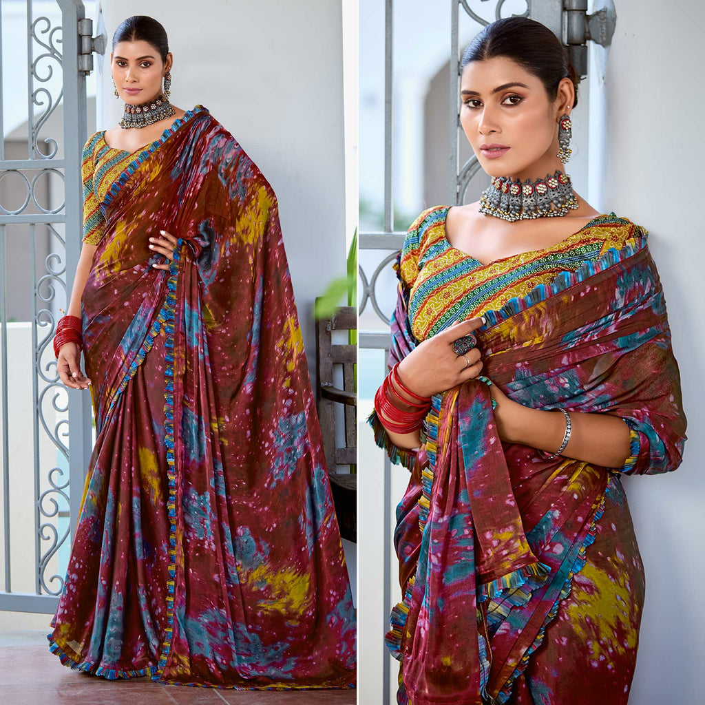 Brown Printed Satin Saree main image 1