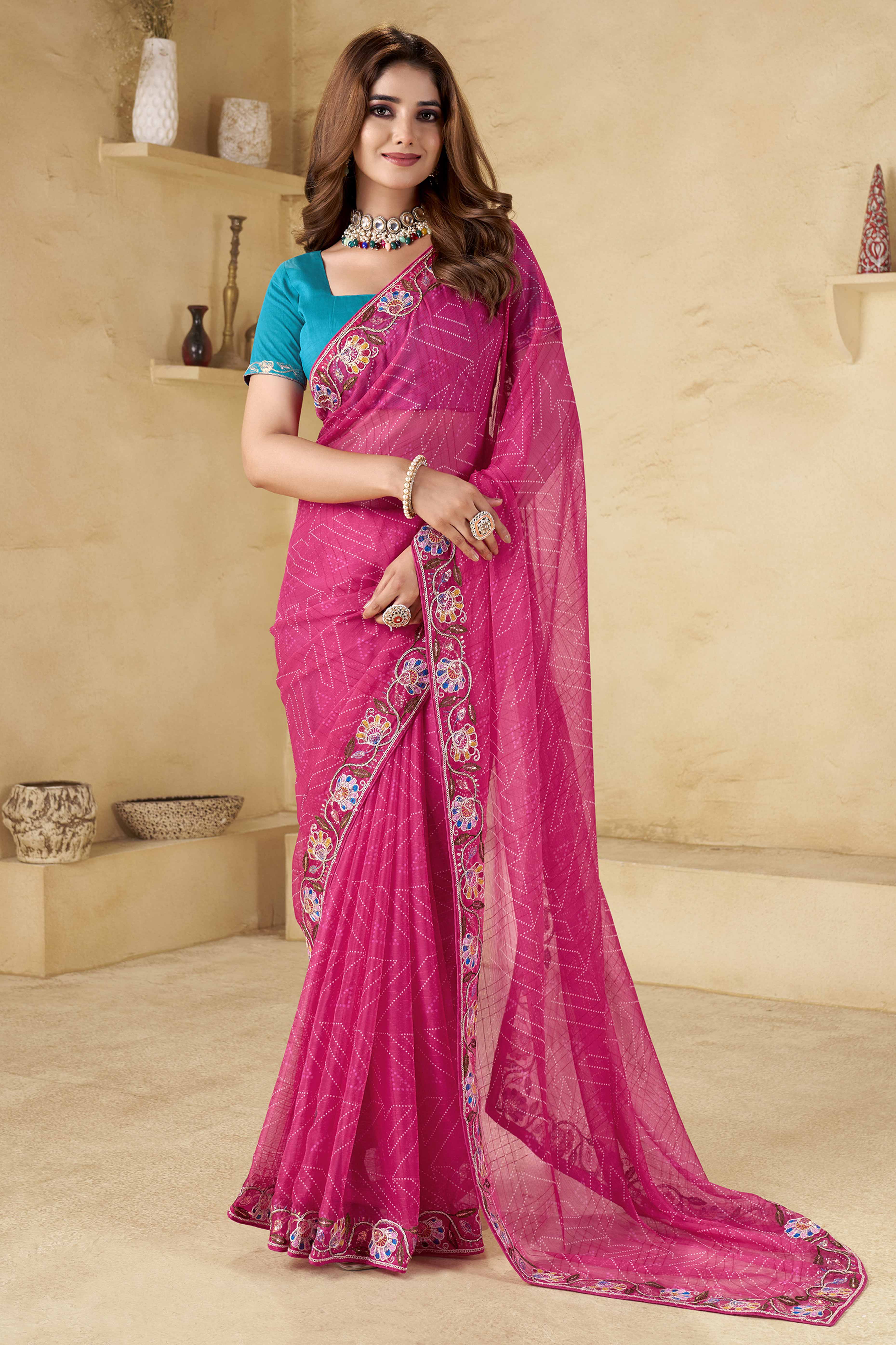 Rani Pink Geometric Printed Chiffon Saree Accented With Floral Sequins Embroidered Border Work
