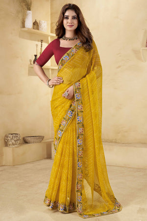 Yellow Geometric Printed Chiffon Saree Accented With Floral Sequins Embroidered Border Work