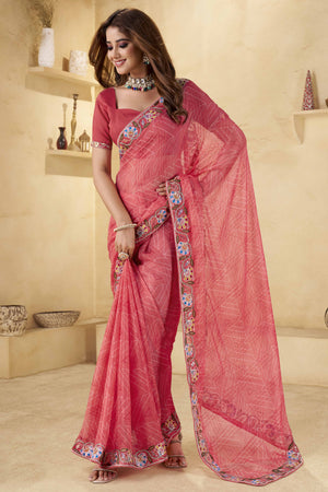 Gajari Pink Geometric Printed Chiffon Saree Accented With Floral Sequins Embroidered Border Work