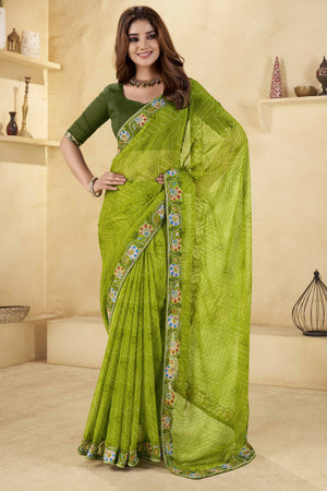 Green Geometric Printed Chiffon Saree Accented With Floral Sequins Embroidered Border Work