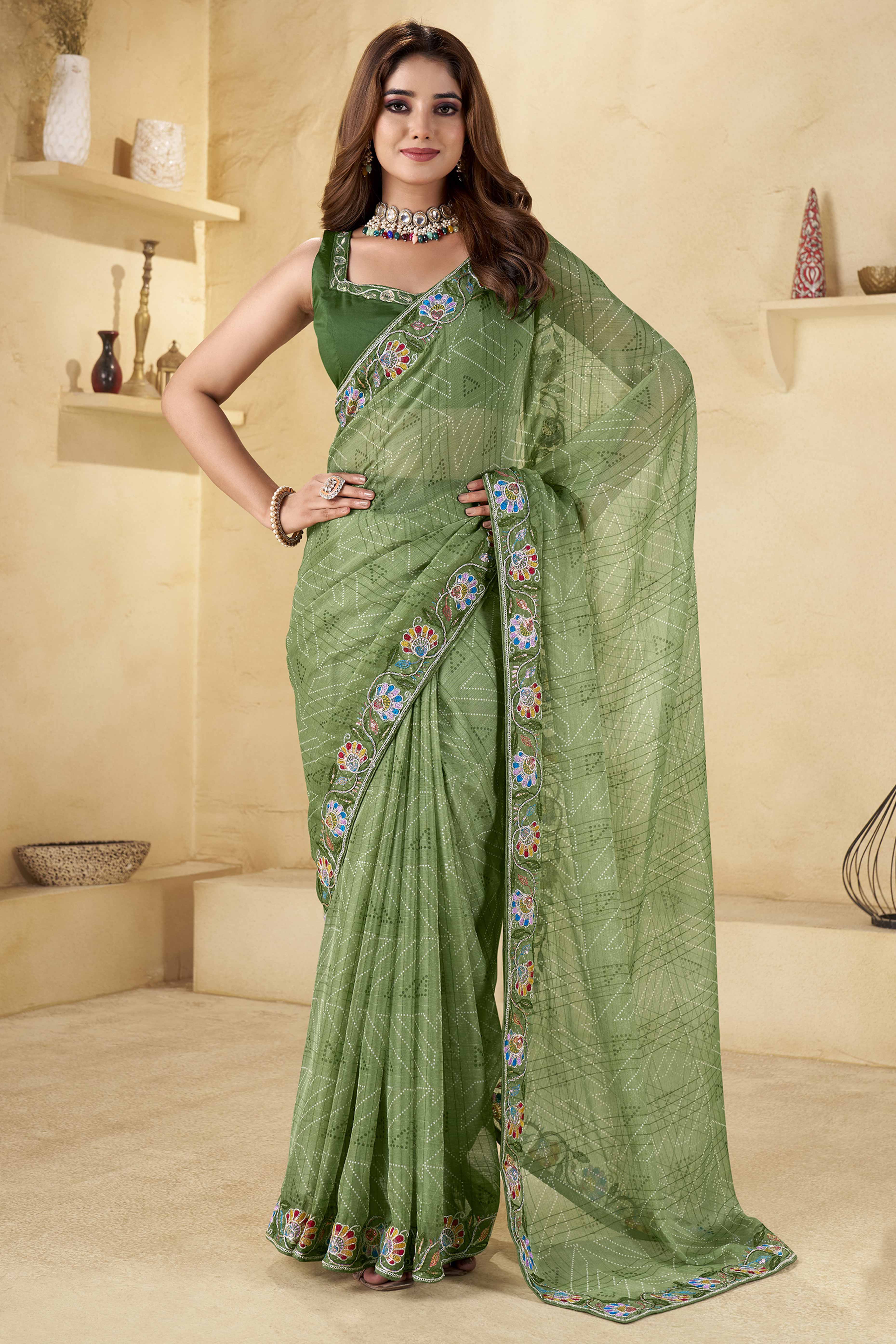 Green Geometric Printed Chiffon Saree Accented With Floral Sequins Embroidered Border Work