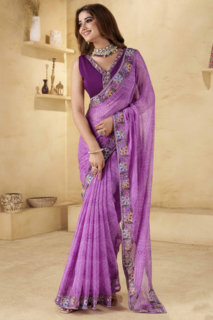 Purple Geometric Printed Chiffon Saree Accented With Floral Sequins Embroidered Border Work