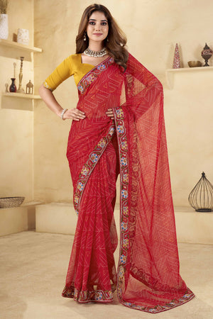 Red Geometric Printed Chiffon Saree Accented With Floral Sequins Embroidered Border Work