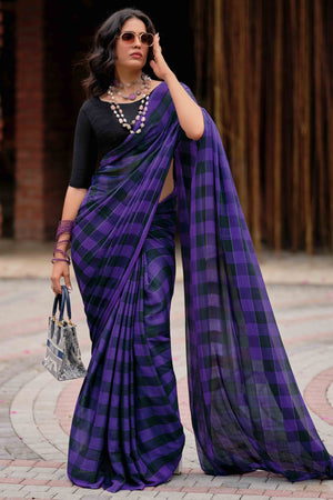 Purple With Intricate Black Weaving Checks Georgette Saree