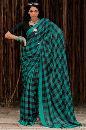 Teal Green With Intricate Black Weaving Checks Georgette Saree