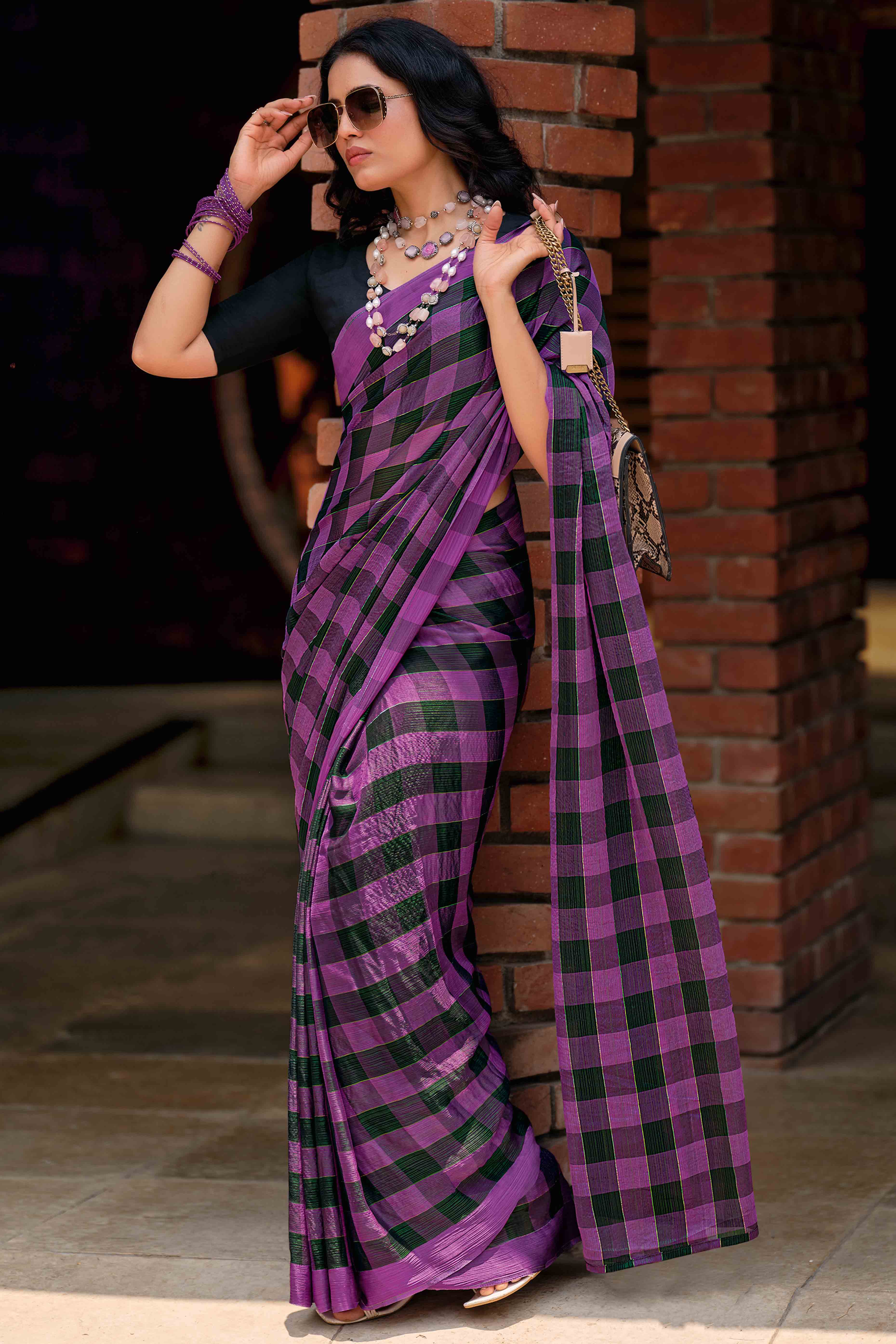 Lavender With Intricate Black Weaving Checks Georgette Saree