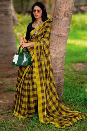 Mustard With Intricate Black Weaving Checks Georgette Saree