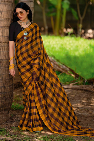 Ochre Orange With Intricate Black Weaving Checks Georgette Saree