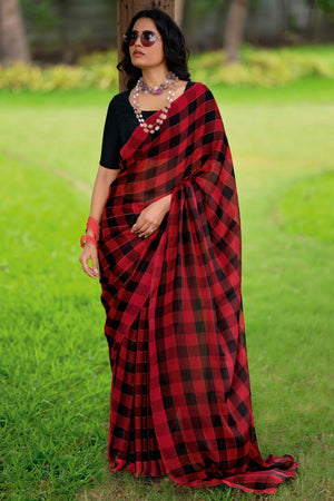 Red With Intricate Black Weaving Checks Georgette Saree