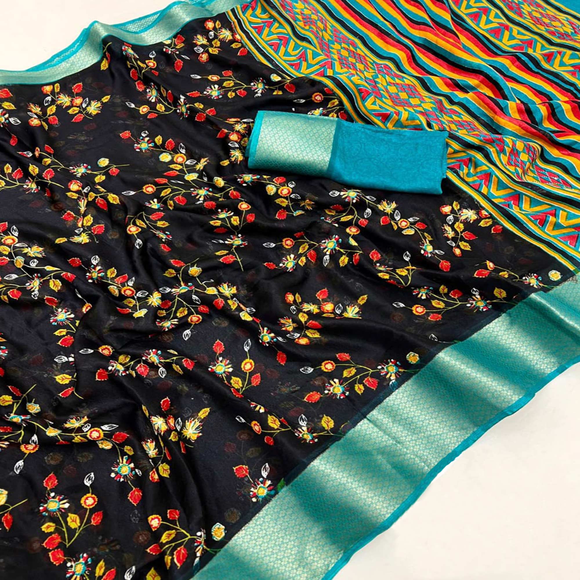 Black & Blue Floral Printed Moss Georgette Saree With Woven Border