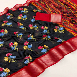 Black & Red Floral Printed Moss Georgette Saree With Woven Border