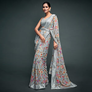 Grey Floral Printed Georgette Saree