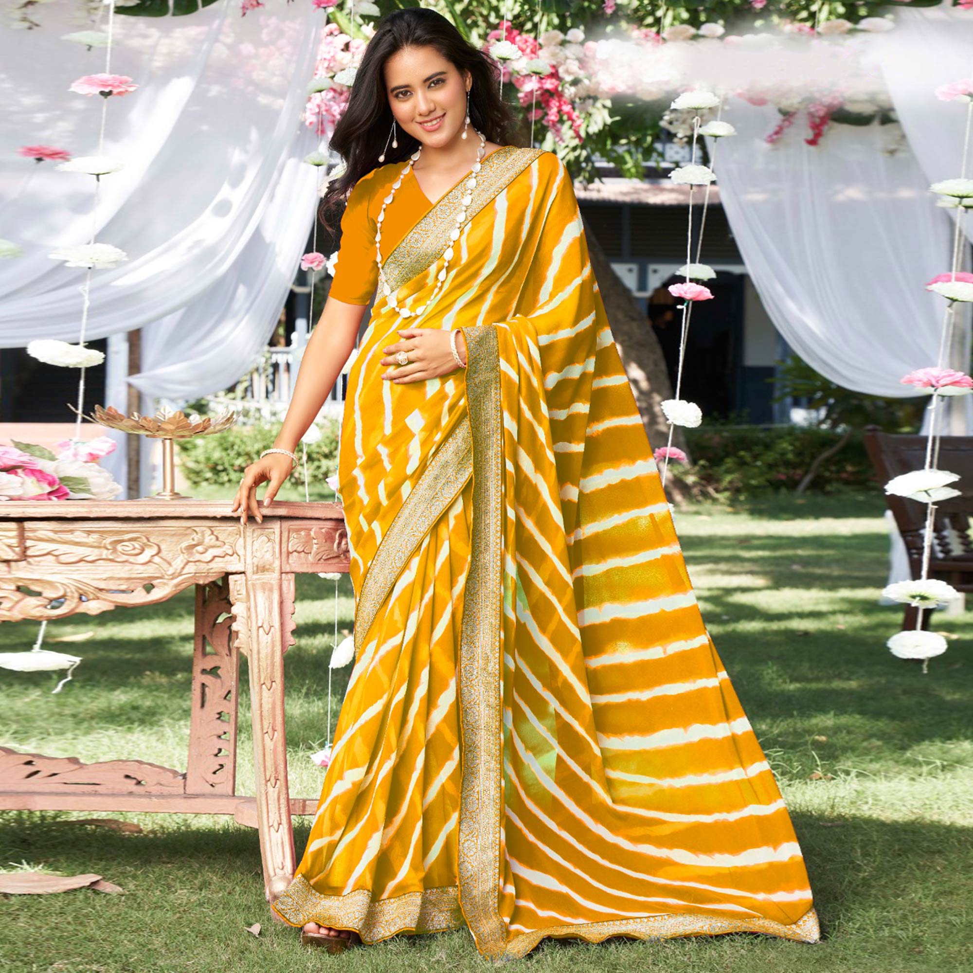 Yellow Leheriya Printed With Woven Border Georgette Saree