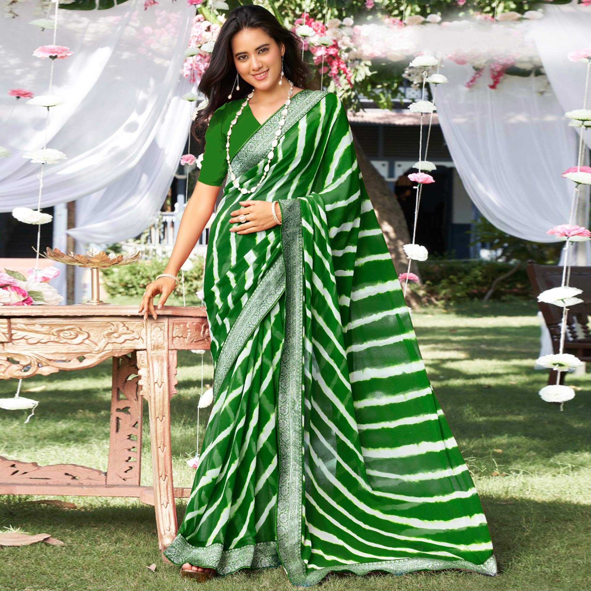 Green Leheriya Printed With Woven Border Georgette Saree