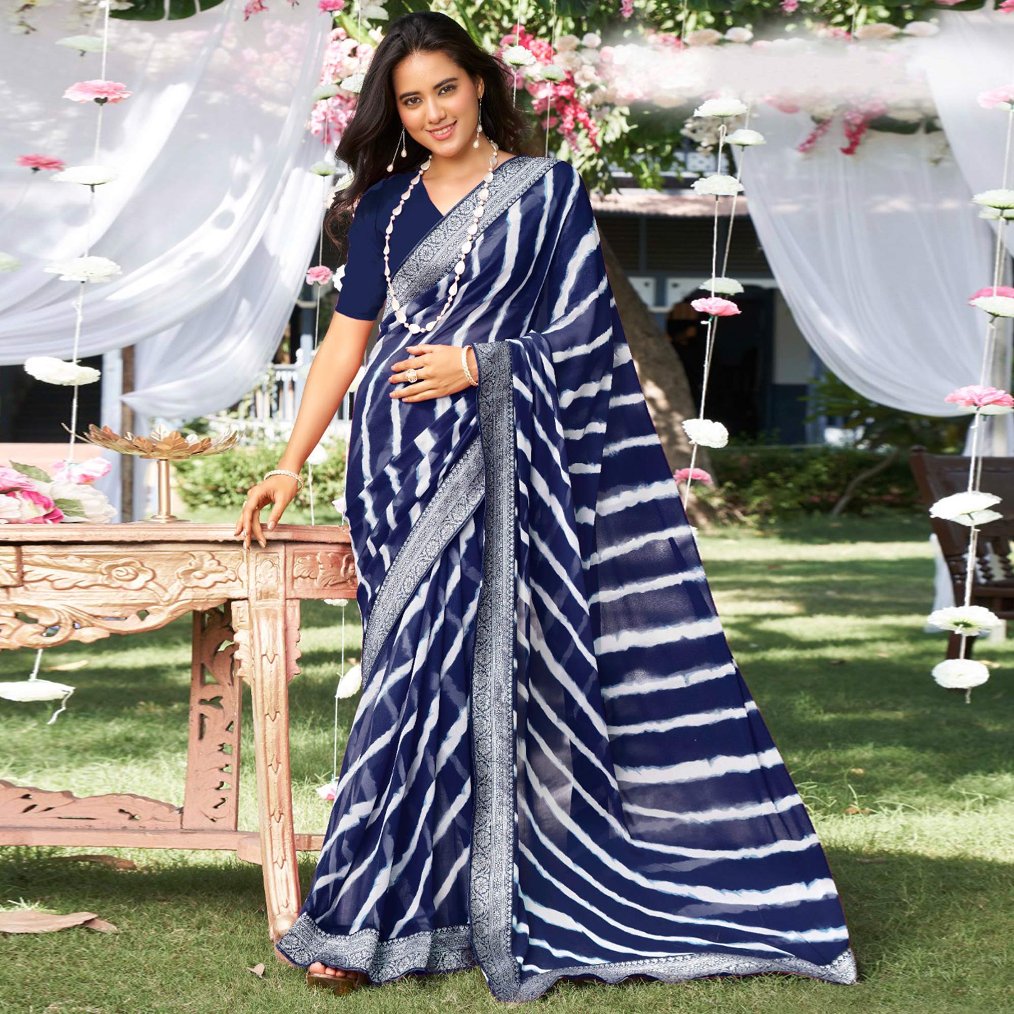 Blue Leheriya Printed With Woven Border Georgette Saree