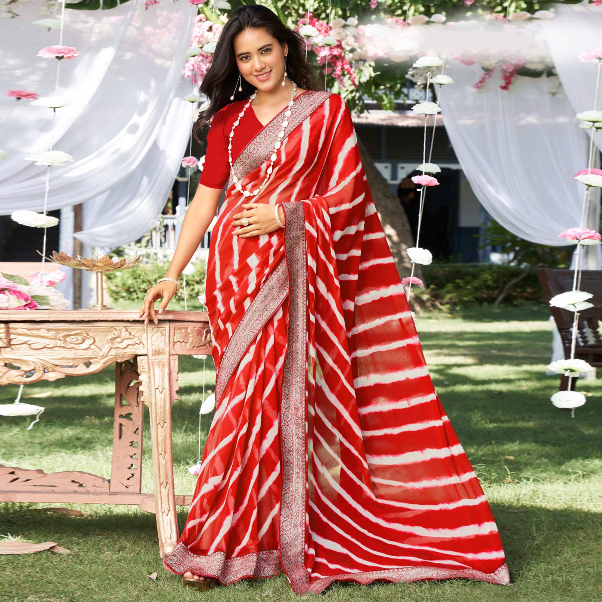 Red Leheriya Printed With Woven Border Georgette Saree