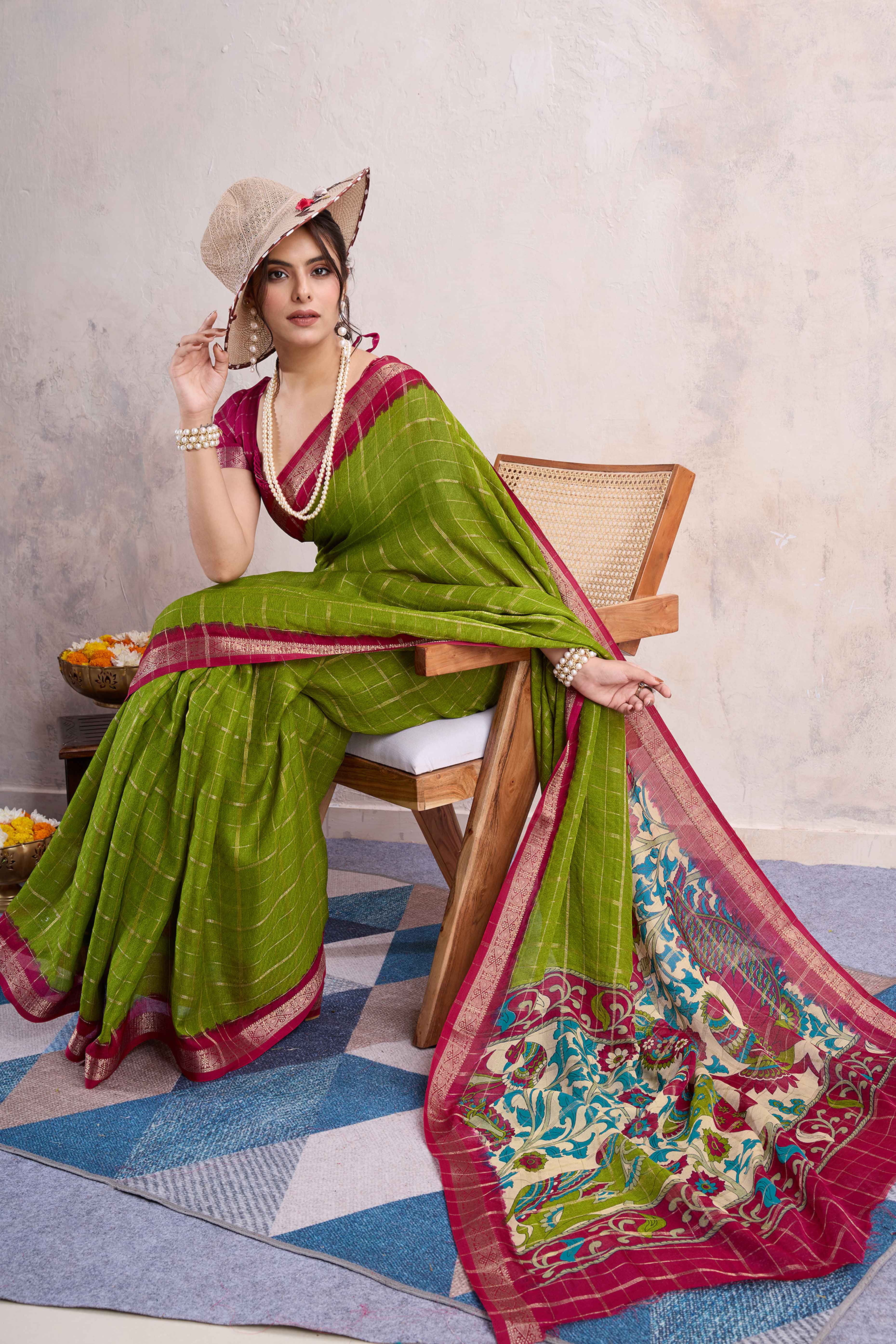 Parrot Green Zari Woven Cotton Silk Saree