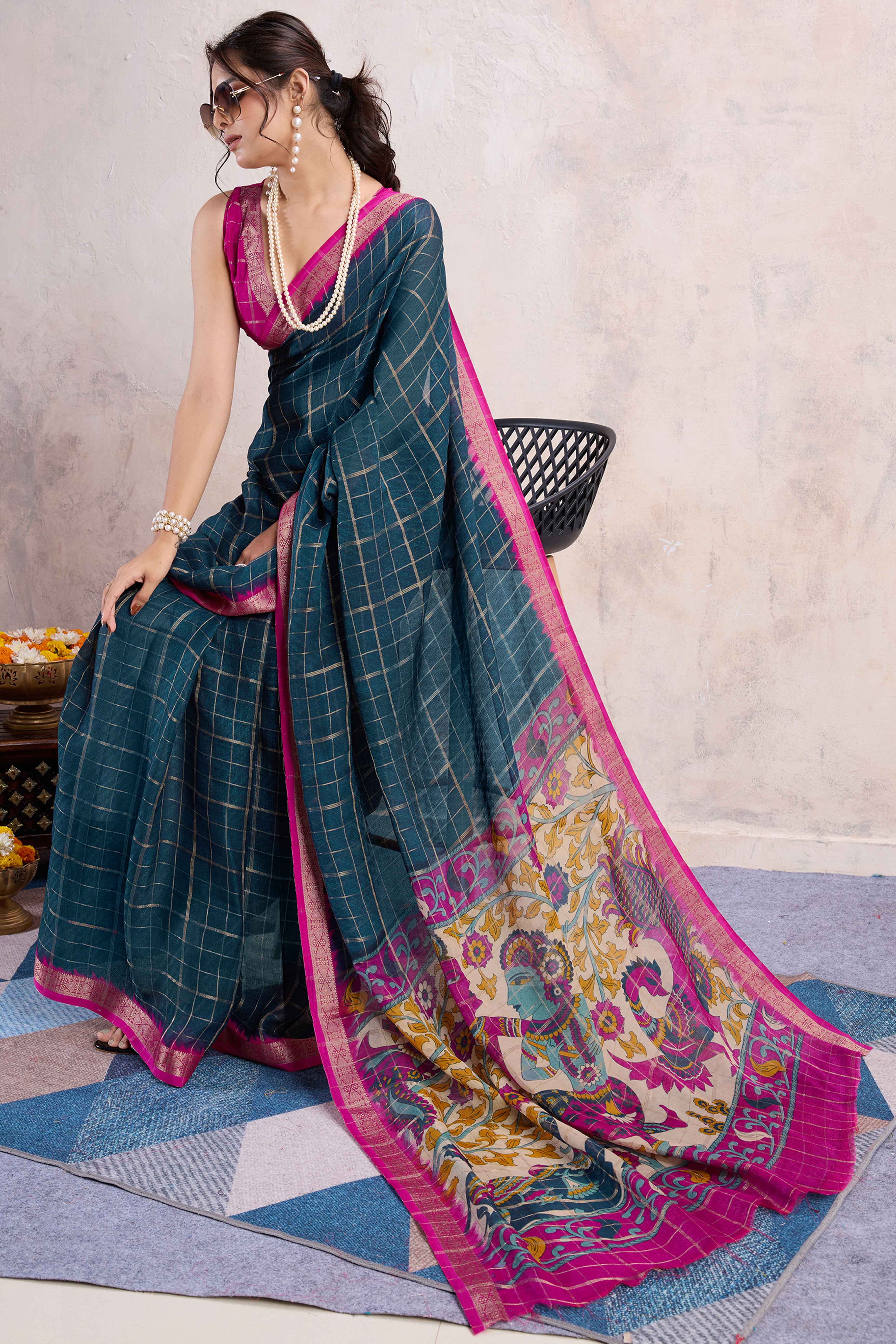 Teal Zari Woven Cotton Silk Saree