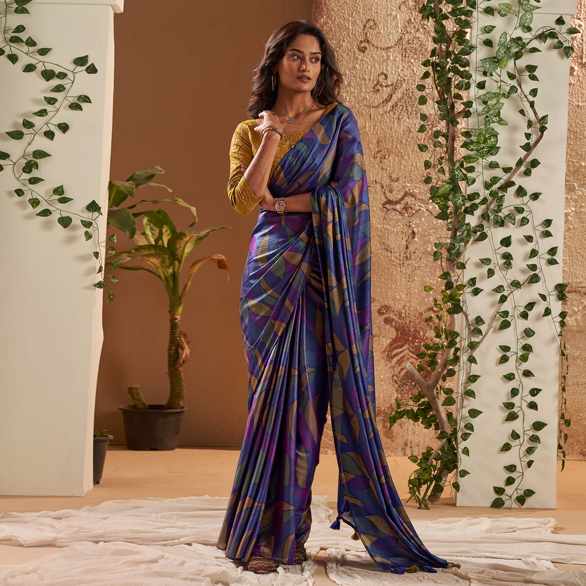 Navy Blue Printed Nylon Saree With Tassels