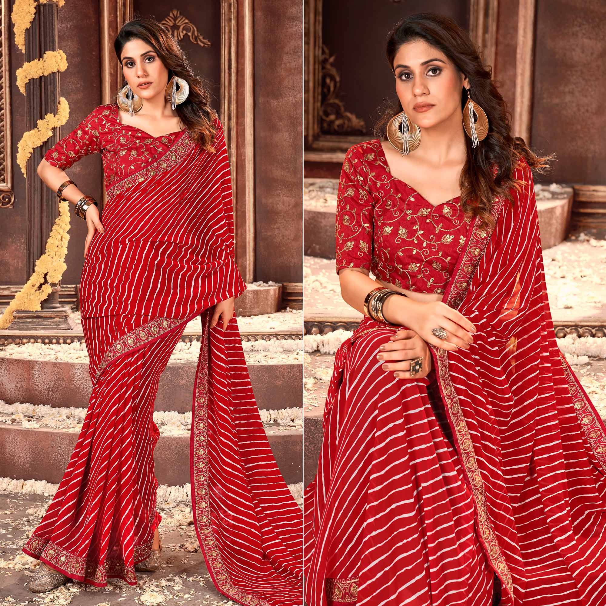 Red Striped Printed Georgette Saree
