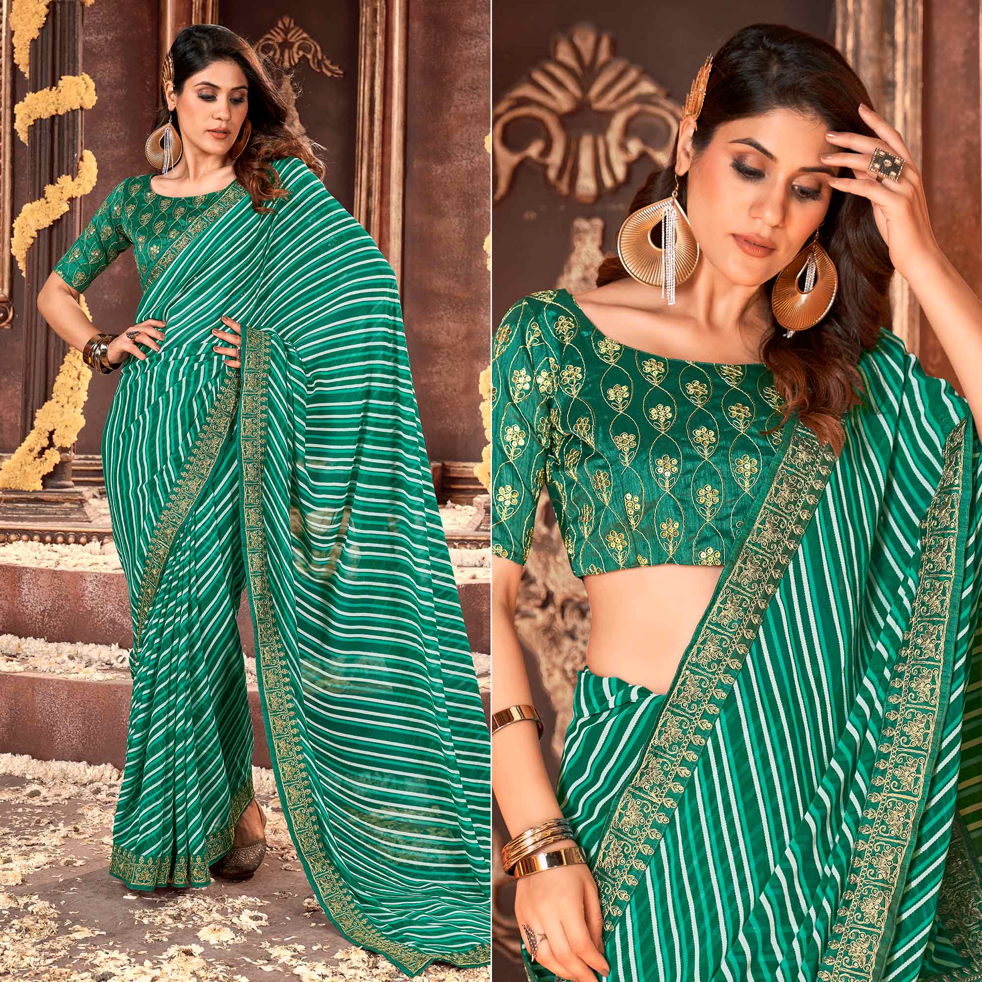 Sea Green Striped Printed Georgette Saree