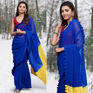 Blue & Yellow Printed Georgette Frill Saree