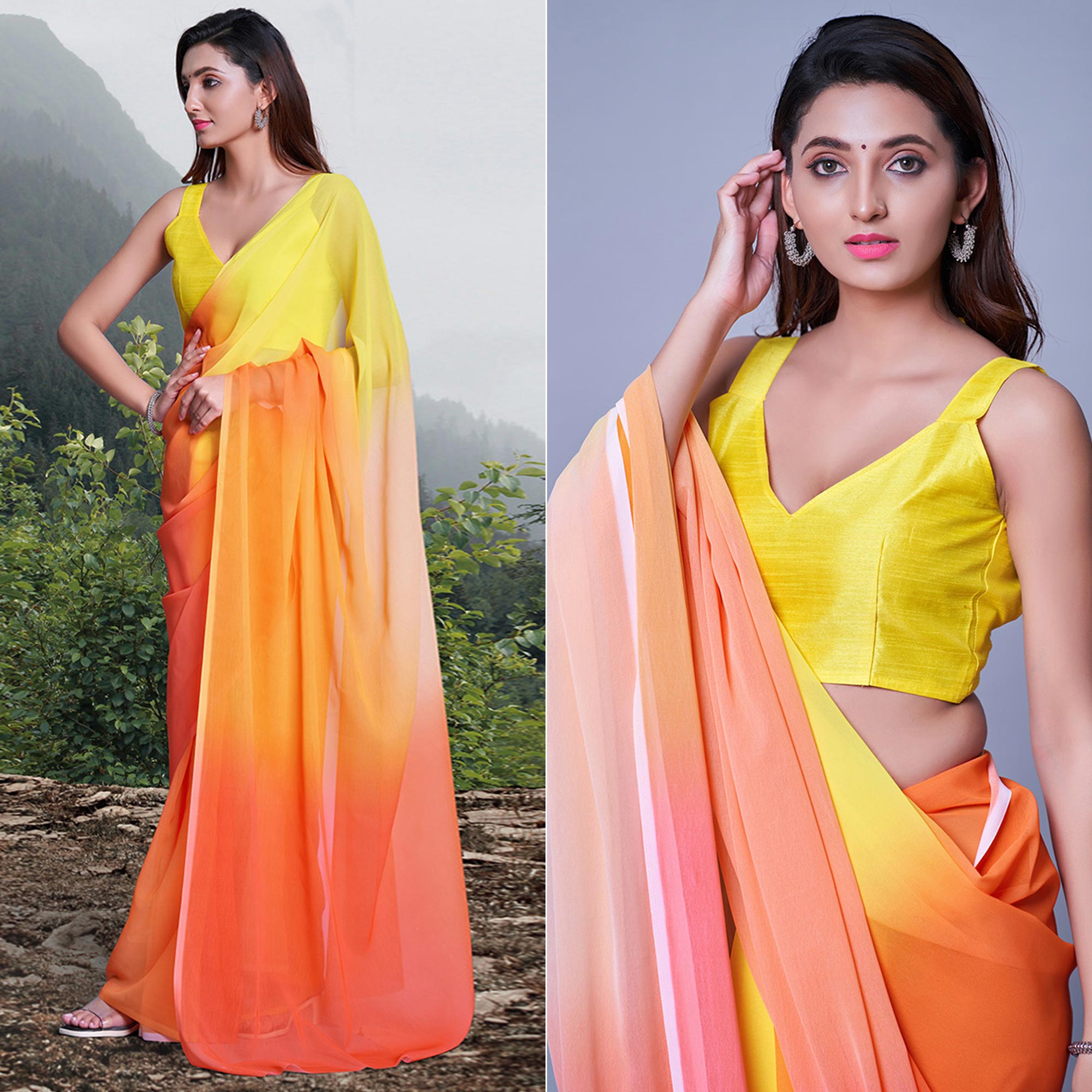 Orange & Yellow Printed Organza Saree