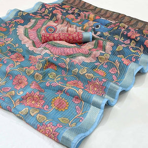 Blue Digital Printed Linen Saree