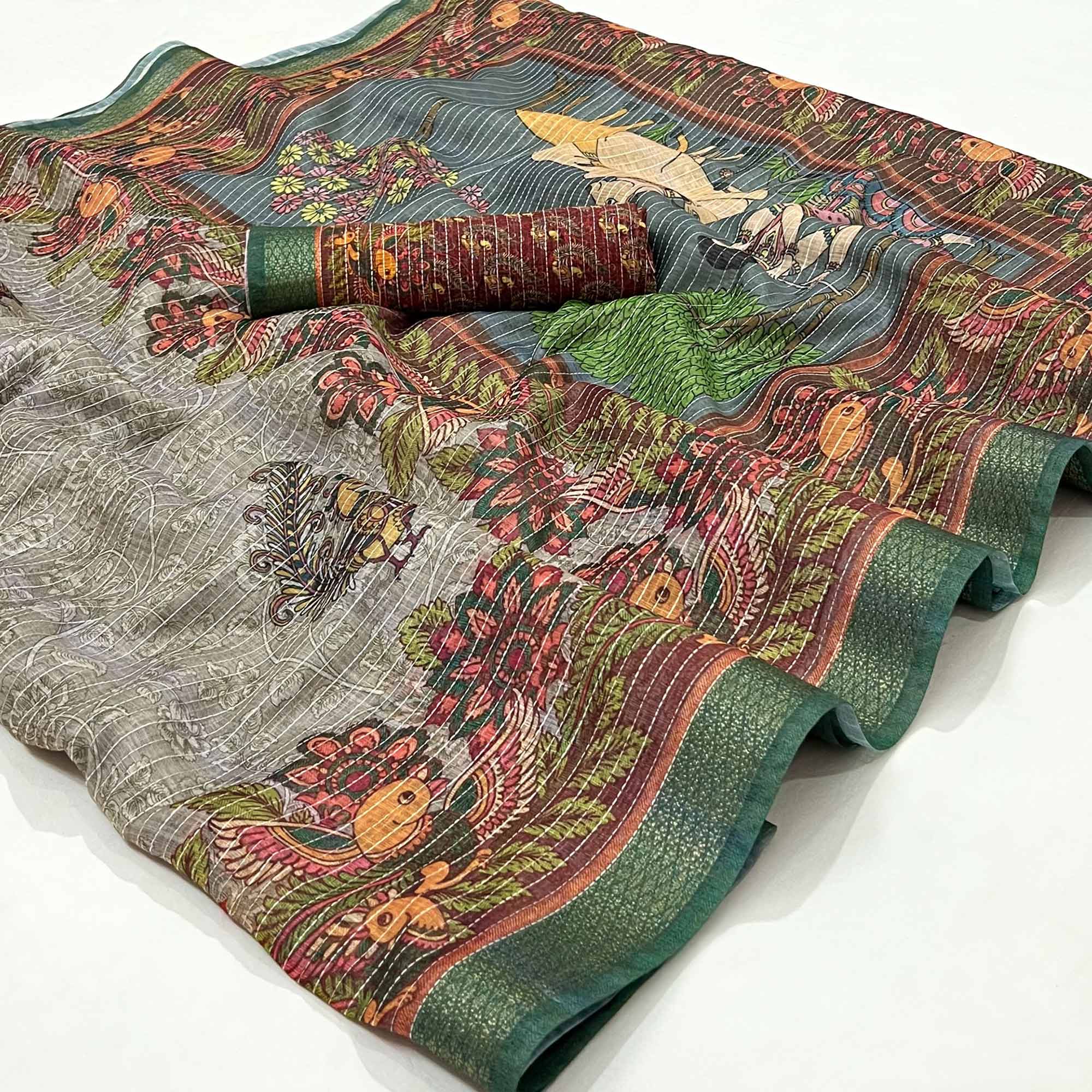 Green Digital Printed Linen Saree