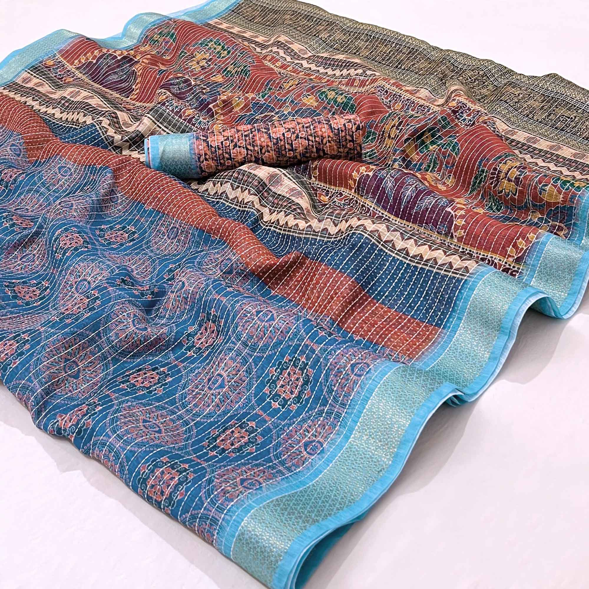 Blue Digital Printed Linen Saree